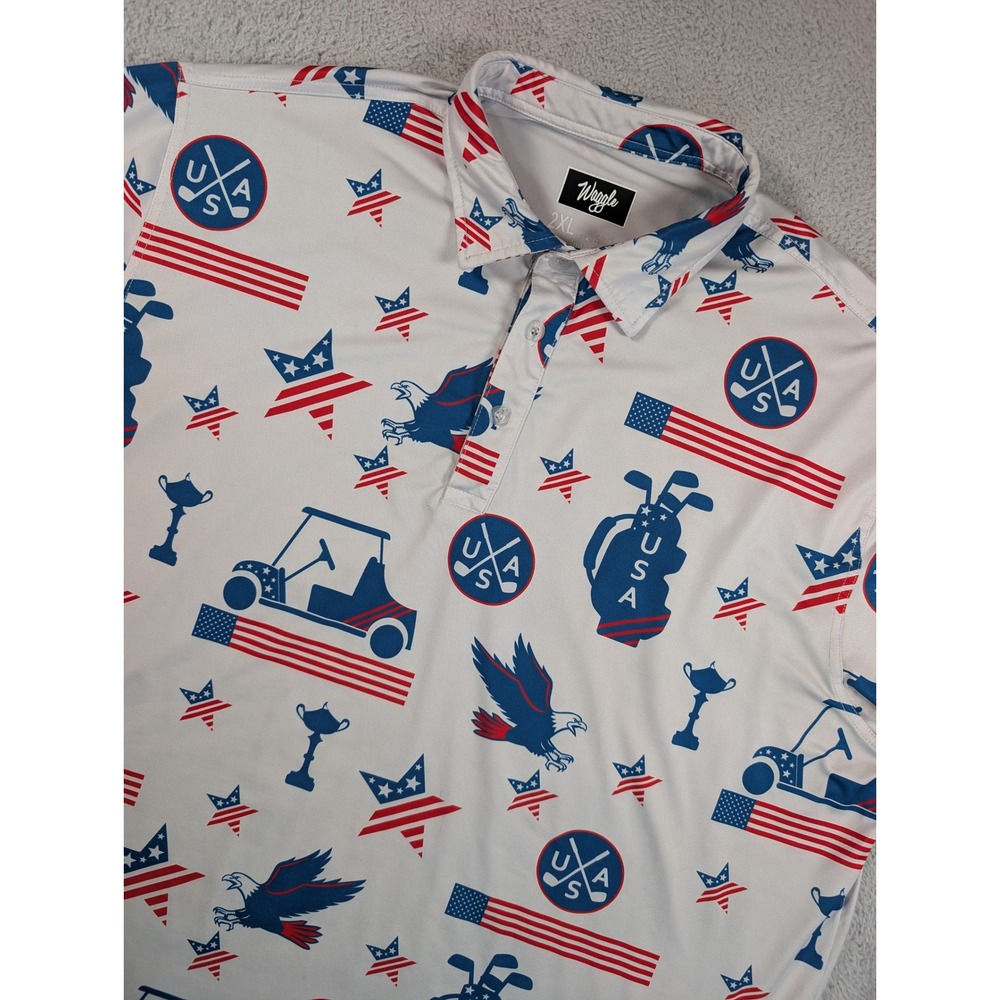 Waggle USA Patriotic Golf Polo Shirt Mens 2XL White Red Blue Eagle Golf Cart 4th